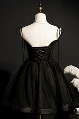 Bridesmaids Dress Champagne, Black Tulle Short Prom Dress, Lovely A-Line Spaghetti Strap Party Dress