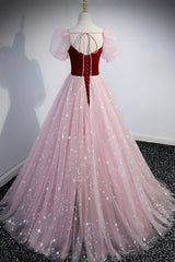 Bridesmaid Dress Burgundy, Pink Tulle Long Prom Dress, A-Line Formal Evening Dress