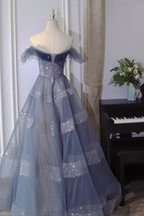 Dress, A-Line Off Shoulder Layers Tulle Long Evening Dress, Blue Formal Dress