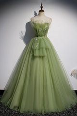 Prom Dress Corset, Green Tulle Long A-Line Prom Dresses, Green Spaghetti Straps Evening Dresses