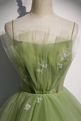 Prom Dresses Boho, Green Tulle Long A-Line Prom Dresses, Green Spaghetti Straps Evening Dresses