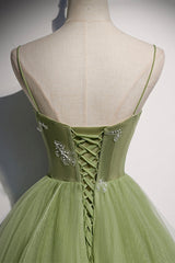 Prom Dresses For Black, Green Tulle Long A-Line Prom Dresses, Green Spaghetti Straps Evening Dresses