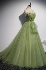 Prom Dress Shops Nearby, Green Tulle Long A-Line Prom Dresses, Green Spaghetti Straps Evening Dresses