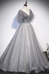 Prom Dresses Long Light Blue, Grey V-Neck Tulle Long Prom Dresses, A-Line Evening Dresses