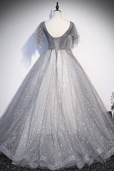 Prom Dresses Light Blue Long, Grey V-Neck Tulle Long Prom Dresses, A-Line Evening Dresses