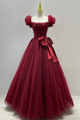 Formal Dresses For Fall Wedding, Burgundy Tulle Short Sleeve A-Line Formal Dresses, Burgundy Evening Dresses