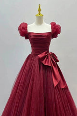 Formal Dresses For Winter Wedding, Burgundy Tulle Short Sleeve A-Line Formal Dresses, Burgundy Evening Dresses