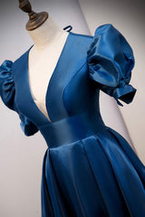 Fantasy Dress, Blue V-Neck Satin Long Prom Dresses, A-Line Blue Evening Dresses