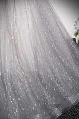 Prom Dress Long Sleeve Ball Gown, Grey V-Neck Tulle Long Prom Dresses, A-Line Evening Dresses