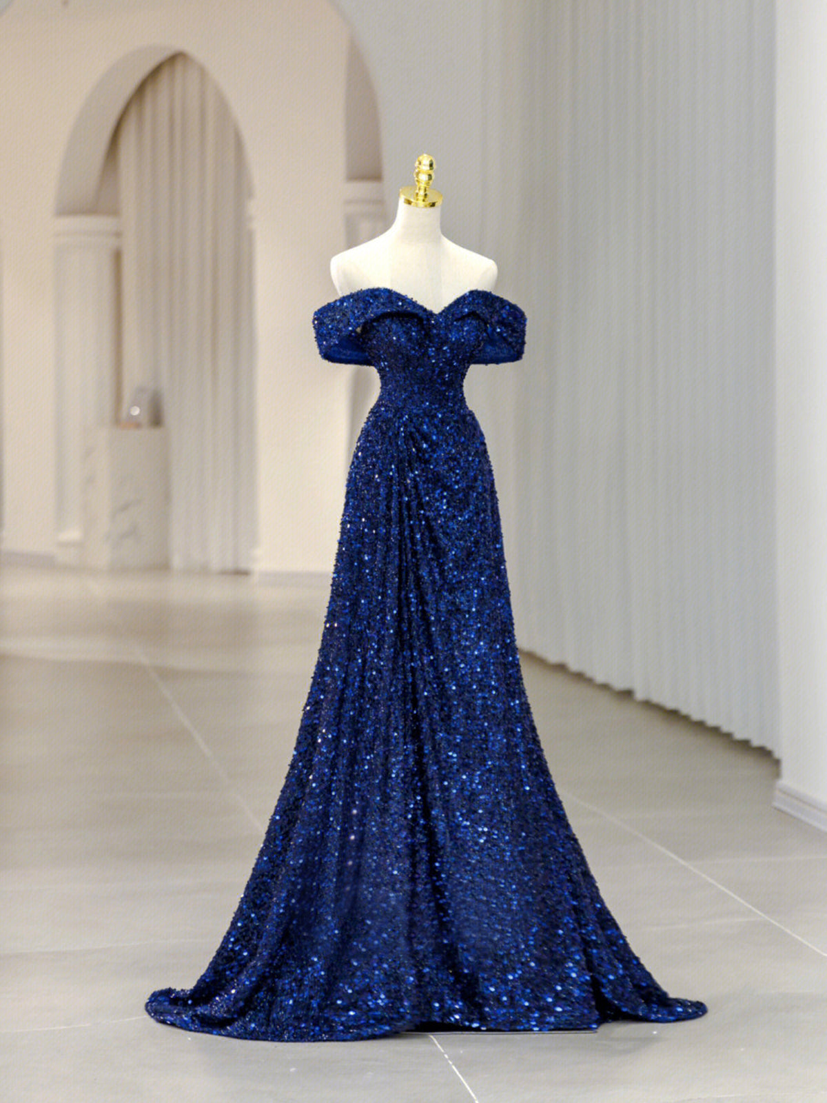 Party Dress Fashion, Blue Sequins Long Prom Dress, Off the Shoulder Blue Evening Dress