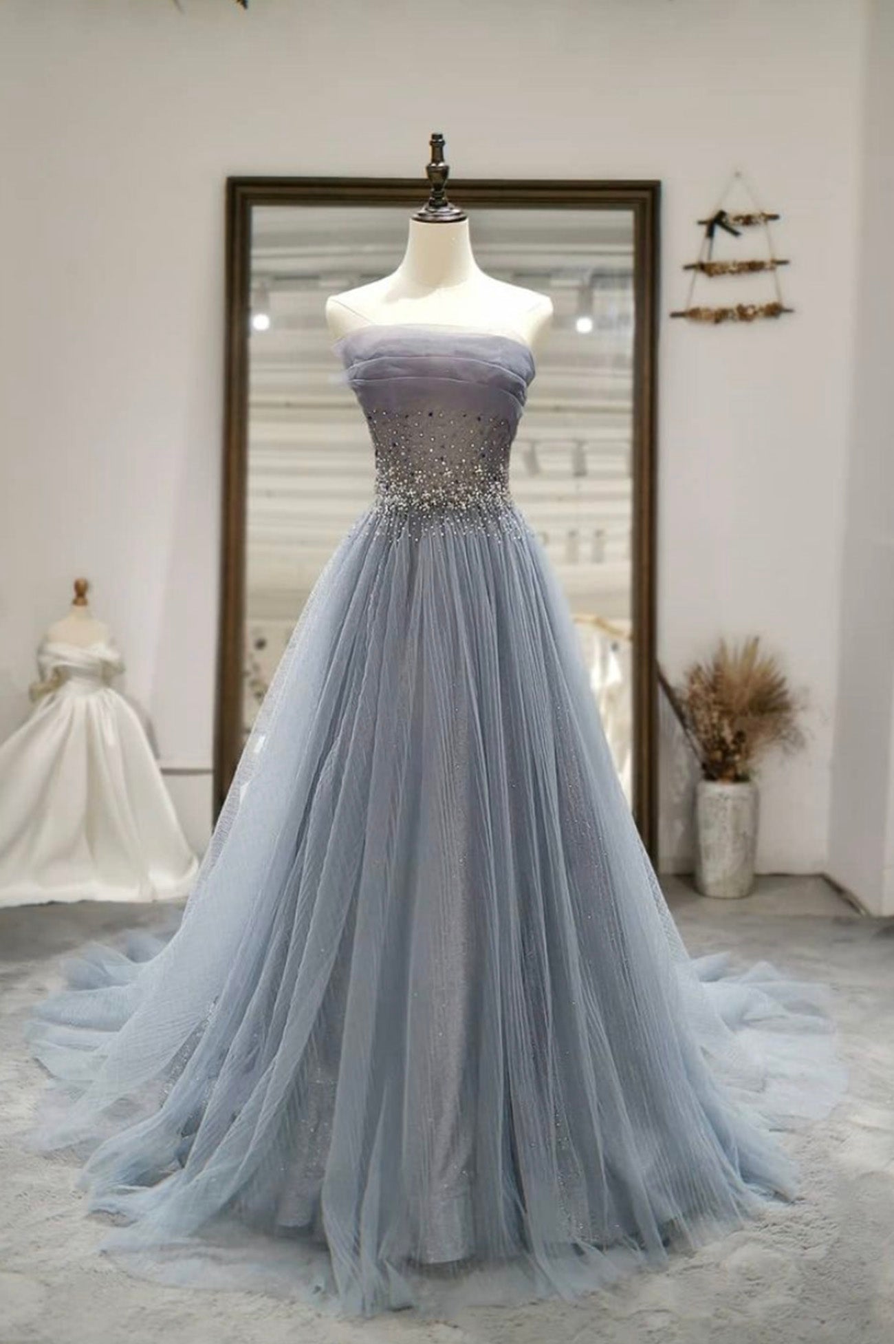 Prom Dresses Shops, Gray Tulle Beading Long Prom Dresses, A-Line Strapless Evening Dresses