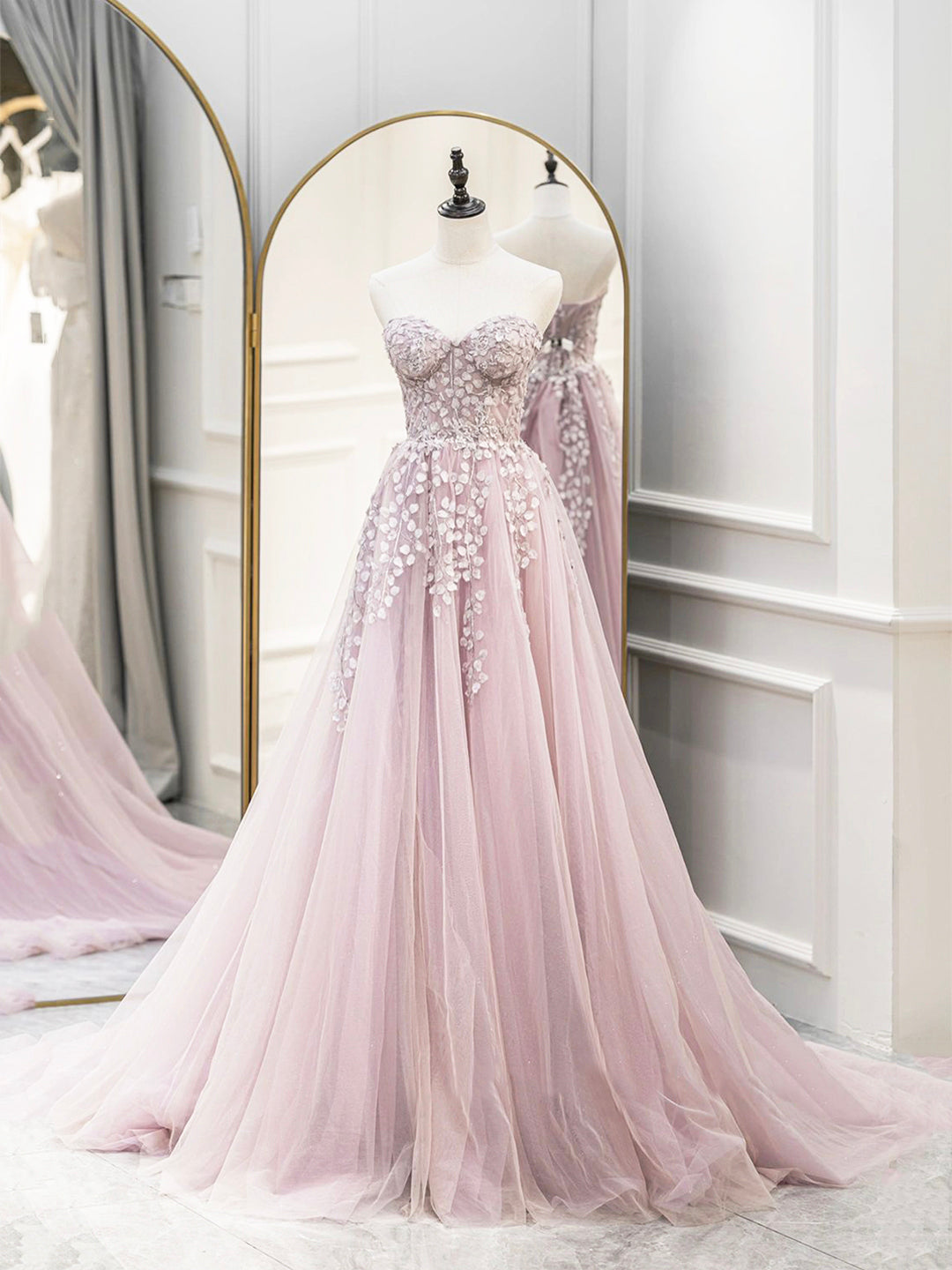 Homecomming Dresses With Sleeves, Cute Tulle Sweetheart Long Party Dress with Lace, Beautiful A-Line Prom Dress