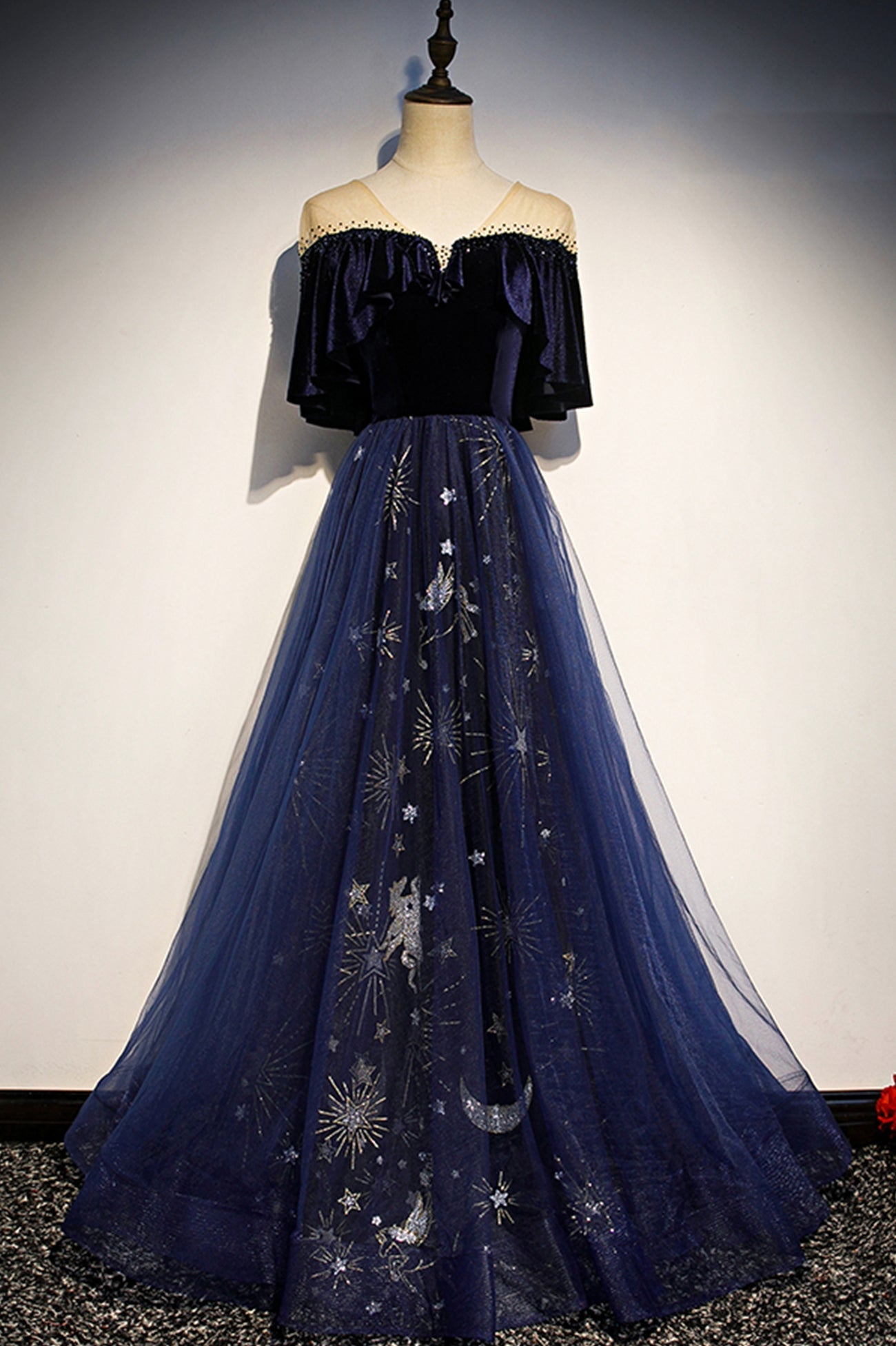 Flowy Dress, Blue Velvet Tulle Long Prom Dresses, Blue Formal Evening Dresses