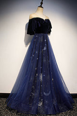 Semi Formal, Blue Velvet Tulle Long Prom Dresses, Blue Formal Evening Dresses