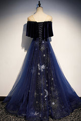 Long Black Dress, Blue Velvet Tulle Long Prom Dresses, Blue Formal Evening Dresses