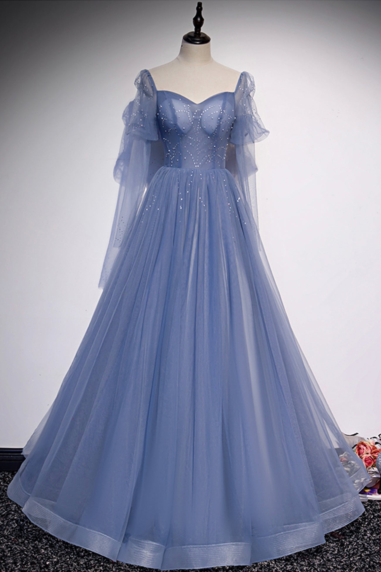 Party Dress Outfit Ideas, Blue Tulle Beading Long Prom Dresses, A-Line Formal Evening Dresses