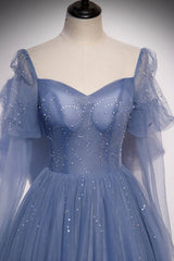 Party Dresses Outfits Ideas, Blue Tulle Beading Long Prom Dresses, A-Line Formal Evening Dresses