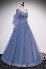 Party Dresses Outfit Ideas, Blue Tulle Beading Long Prom Dresses, A-Line Formal Evening Dresses