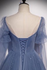 Party Dress Outfits Ideas, Blue Tulle Beading Long Prom Dresses, A-Line Formal Evening Dresses