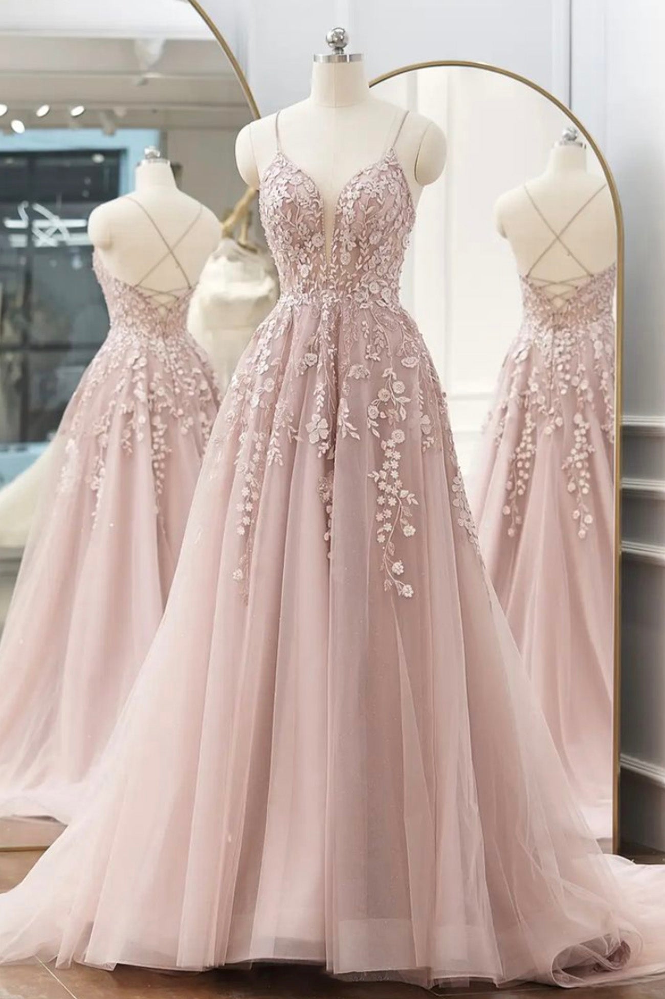 Bridesmaid Dresses With Lace, Pink Tulle Lace Long Prom Dresses, A-line Spaghetti Strap Evening Dresses