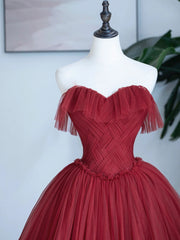Formal Dress Vintage, Burgundy Sweetheart Neckline Long Formal Dress, A-Line Strapless Evening Dress