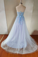 Party Dress Cheap, Blue Strapless Lace Long A-Line Prom Dress, Blue Evening Party Dress