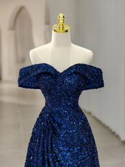 Party Dress Wedding, Blue Sequins Long Prom Dress, Off the Shoulder Blue Evening Dress