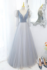 Hoco, Cute V-Neck Tulle Beaded Long Prom Dress, Gray A-Line Evening Party Dress