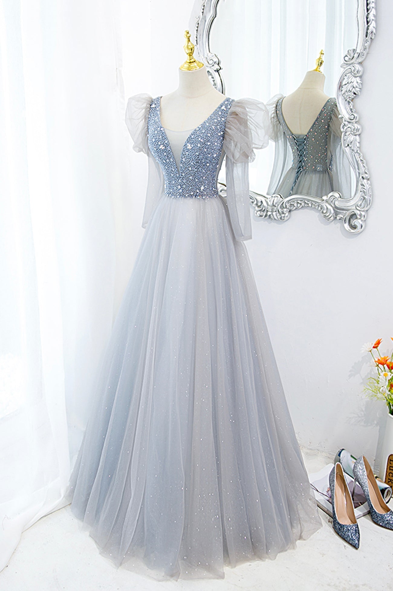 Sundress, Cute V-Neck Tulle Beaded Long Prom Dress, Gray A-Line Evening Party Dress