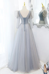 Prom Dresses Long, Cute V-Neck Tulle Beaded Long Prom Dress, Gray A-Line Evening Party Dress