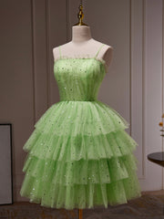 Prom Dresses With Shorts Underneath, Green Tulle Straps Short Party Dress, Light Green Homecoming Dress