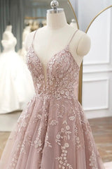 Bridesmaid Dresses Mismatched Summer, Pink Tulle Lace Long Prom Dresses, A-line Spaghetti Strap Evening Dresses