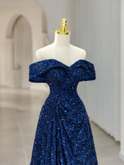 Party Dress Night, Blue Sequins Long Prom Dress, Off the Shoulder Blue Evening Dress