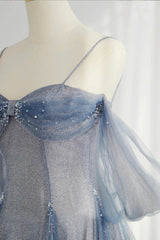 Party Dresses Formal, Blue Spaghetti Strap Tulle Long Prom Dress, A-Line Formal Dress