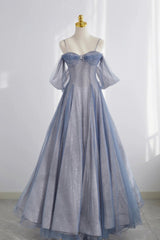 Party Dress On Sale, Blue Spaghetti Strap Tulle Long Prom Dress, A-Line Formal Dress