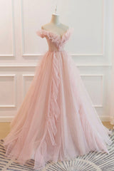 Bridesmaides Dresses Short, Pink Tulle Long Prom Dresses, A-Line Graduation Dresses