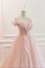 Bridesmaids Dress Short, Pink Tulle Long Prom Dresses, A-Line Graduation Dresses