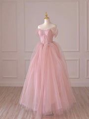 Bridesmaids Dress With Lace, Pink Tulle Lace Long Prom Dress, Off the Shoulder Evening Dress