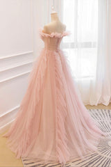 Bridesmaid Dresses With Sleeve, Pink Tulle Long Prom Dresses, A-Line Graduation Dresses