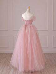 Bridesmaids Dresses With Lace, Pink Tulle Lace Long Prom Dress, Off the Shoulder Evening Dress