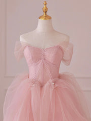 Bridesmaid Dress With Lace, Pink Tulle Lace Long Prom Dress, Off the Shoulder Evening Dress