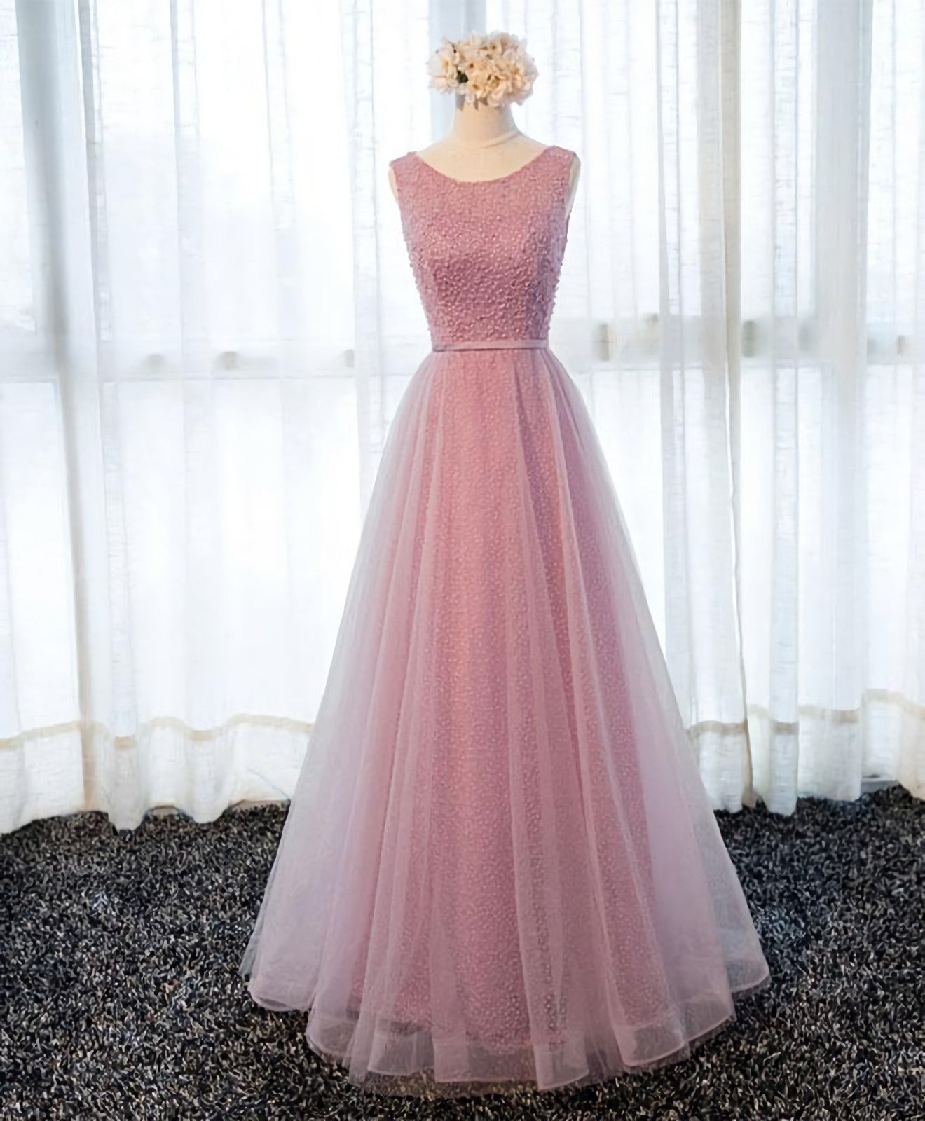 Homecoming Dresses Silk, A Line Round Neck Tulle Long Prom Dress, Lace Evening Dress