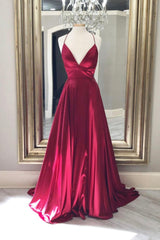 Formal Dress Shop, Burgundy Satin Long Prom Dresses, A-Line Backless Evening Dresses