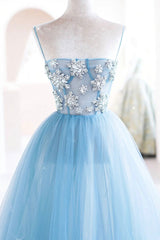 Party Dress Near Me, Blue Spaghetti Strap Tulle Beading Long A-Line Prom Dresses