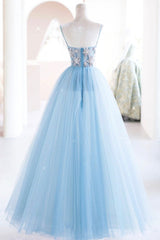 Party Dresses Near Me, Blue Spaghetti Strap Tulle Beading Long A-Line Prom Dresses