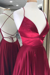 Formal Dresses Shops, Burgundy Satin Long Prom Dresses, A-Line Backless Evening Dresses