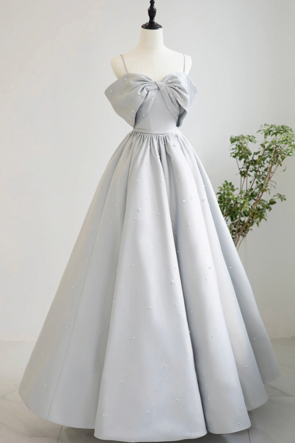 Prom Dress Shop Near Me, Gray Satin Long A-Line Prom Dress, Off the Shoulder Evening Dress with Pearls