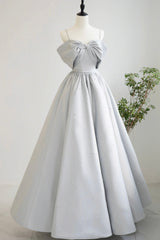 Prom Dress Shop Near Me, Gray Satin Long A-Line Prom Dress, Off the Shoulder Evening Dress with Pearls