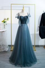 Party Dresses For 34 Year Olds, Blue Tulle Long A-Line Prom Dress, Lovely Blue Evening Party Dress