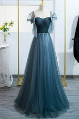 Party Dress White, Blue Tulle Long A-Line Prom Dress, Lovely Blue Evening Party Dress